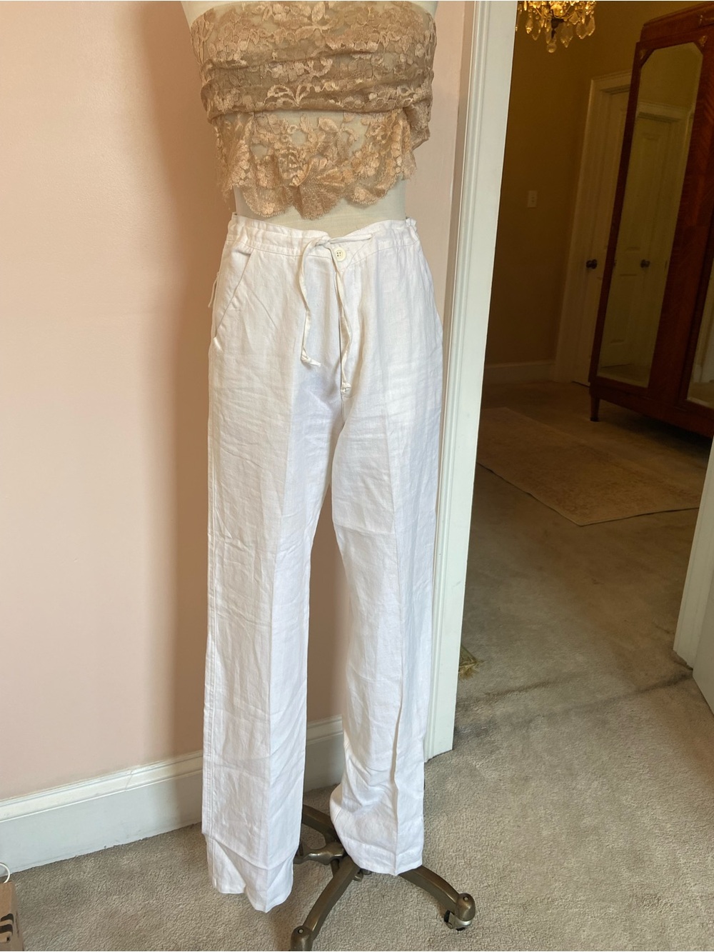 Italian Womens White Linen Drawstring Wide-Leg Pants 40